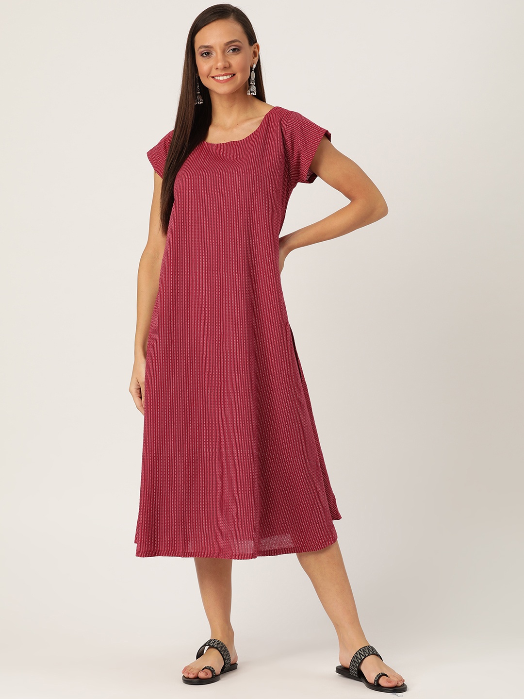 

InWeave Women Maroon & White Self-Striped A-Line Dress