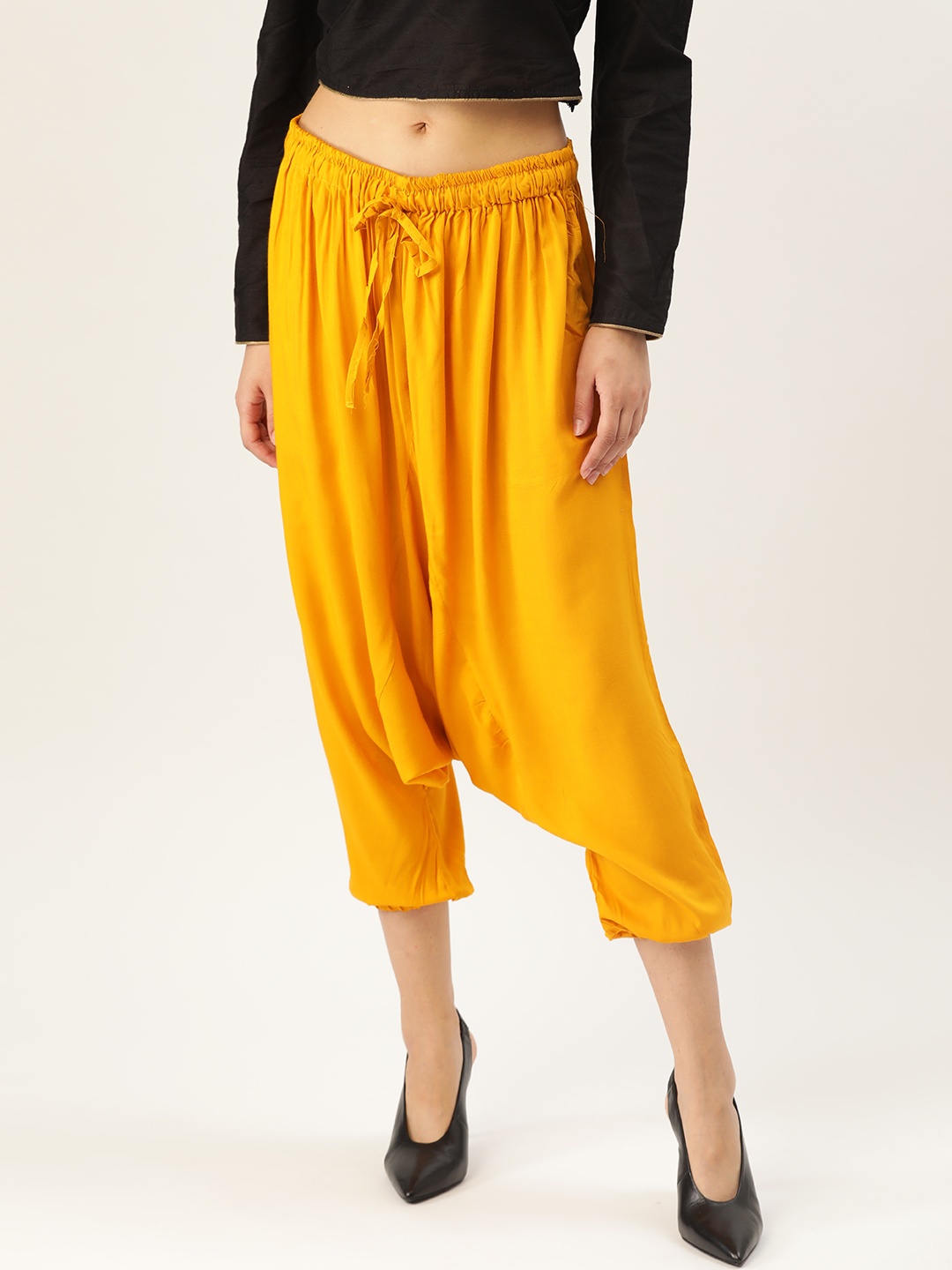 

InWeave Women Mustard Yellow Solid Cropped Harem Pants