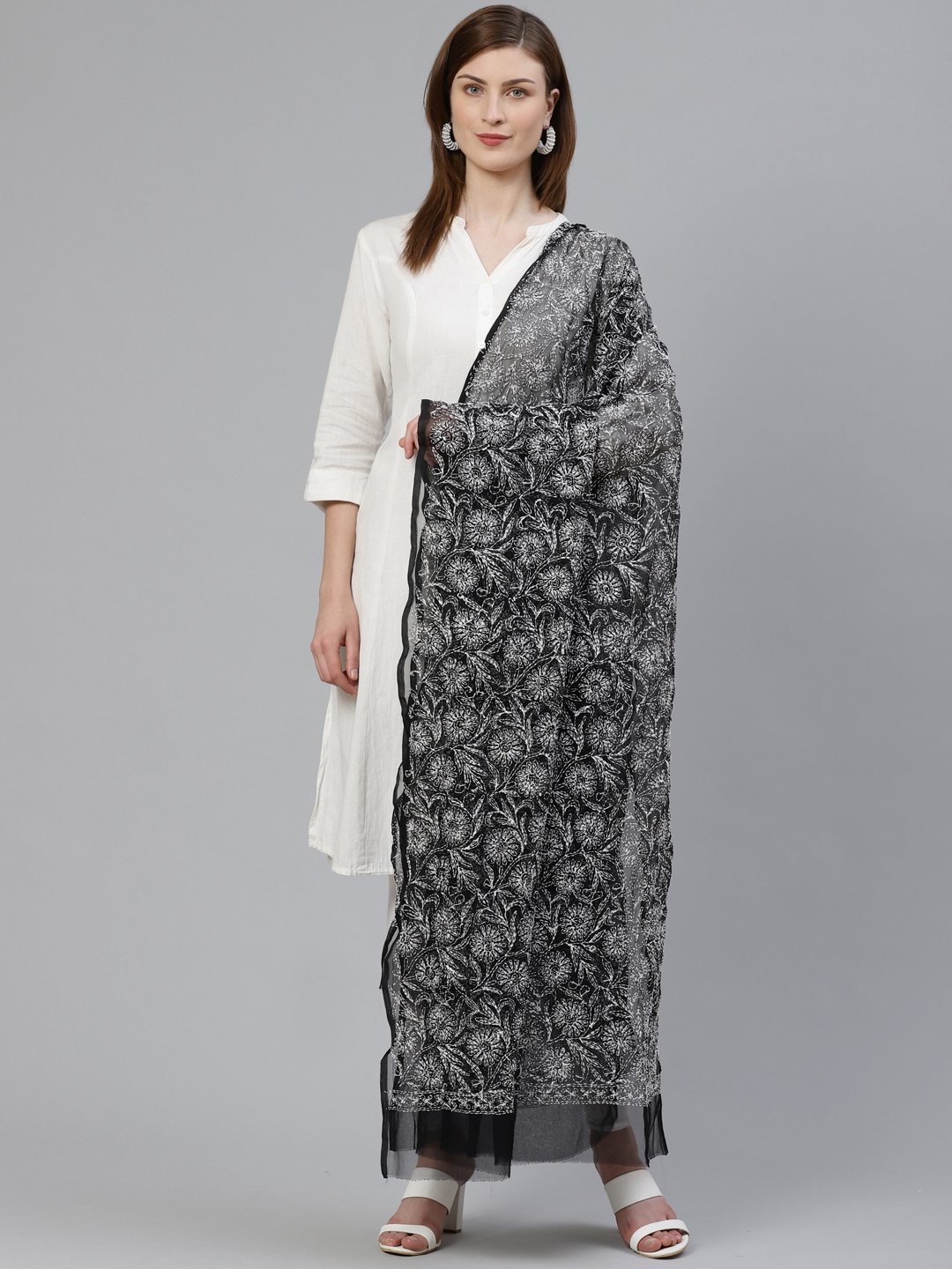 

ADA Black & White Chikankari Hand Embroidered Sustainable Handloom Dupatta