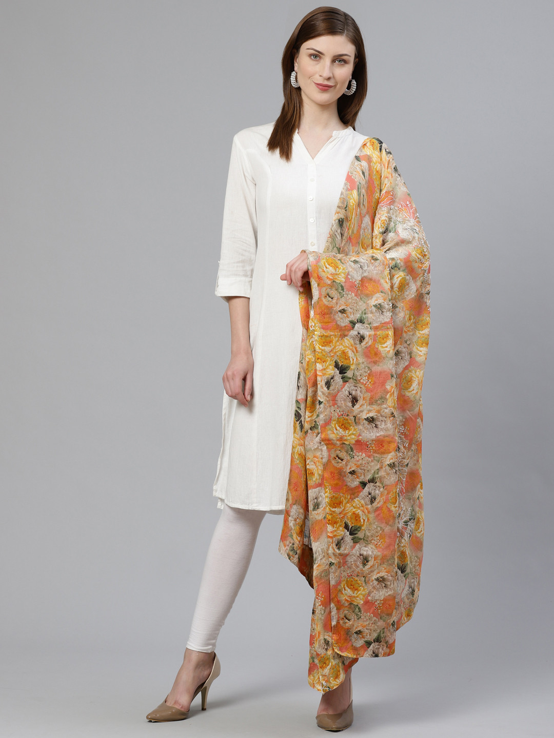 

ADA Orange & Beige Floral Print Chikankari Hand Embroidered Sustainable Kota Handloom Dupatta