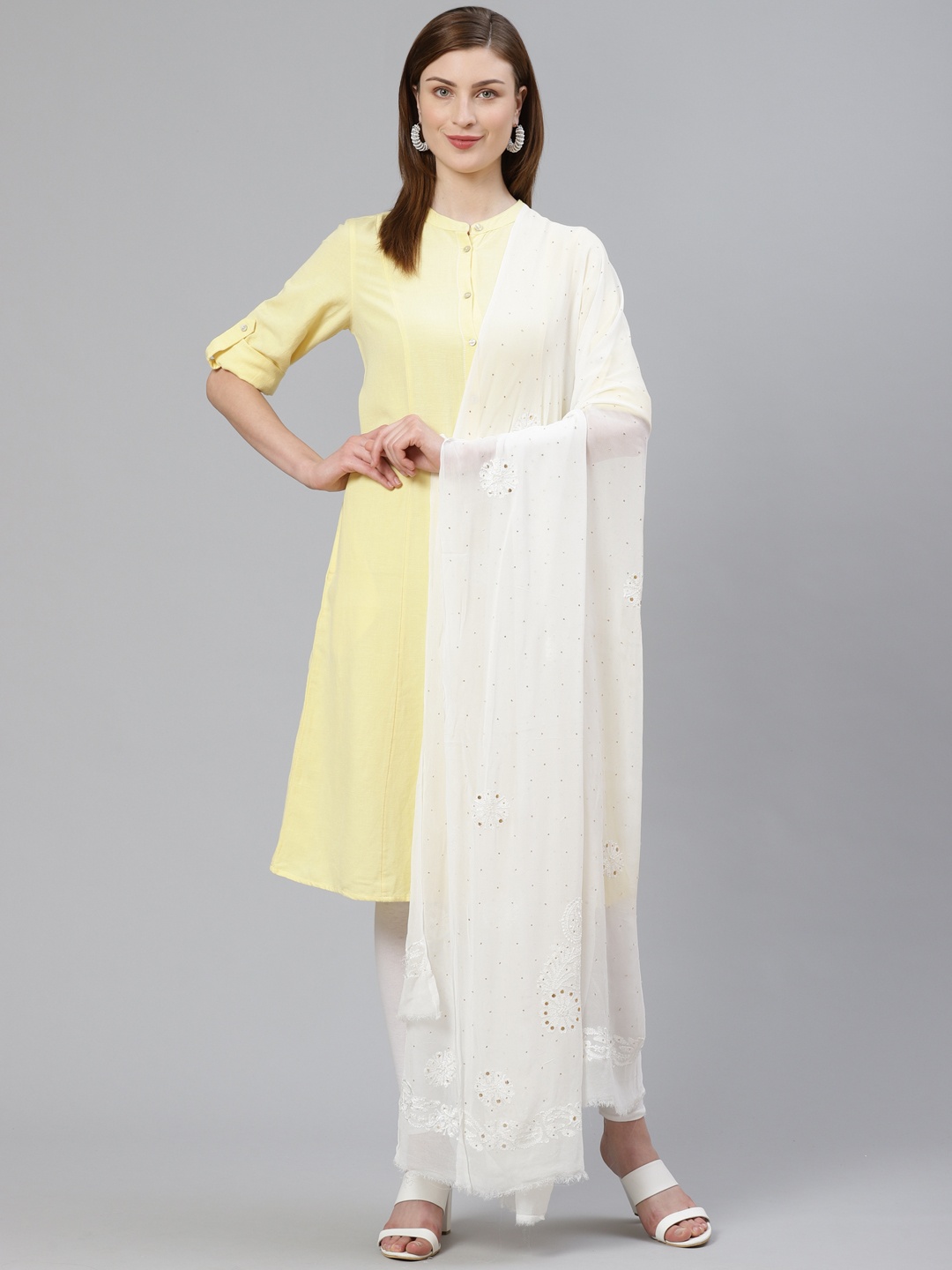 

ADA White Chikankari Hand Embroidered Sustainable Handloom Dupatta