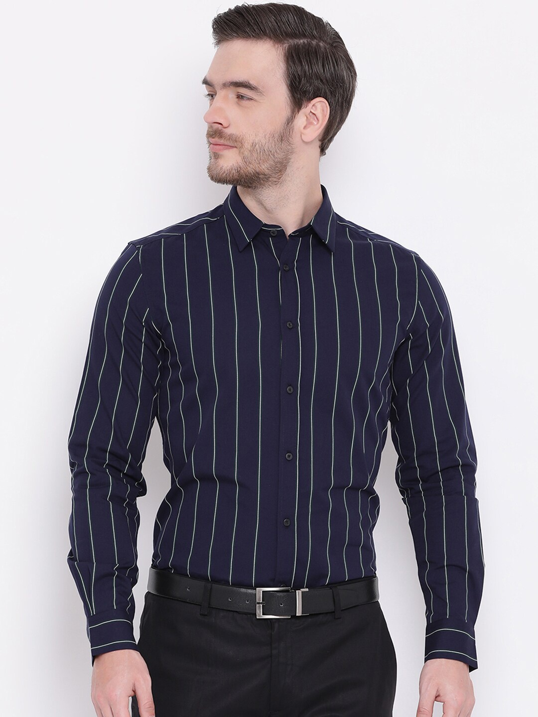 Antony Morato Men Navy Blue & White Regular Fit Striped Formal Shirt