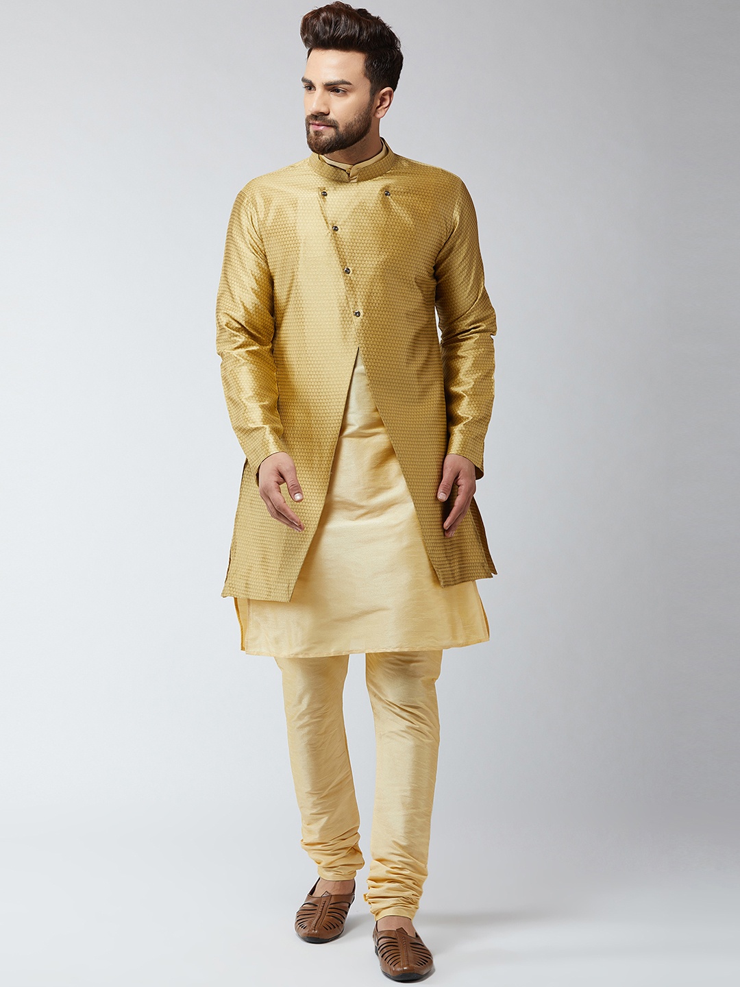 

SOJANYA Men Gold-Toned Self Design Sherwani Set