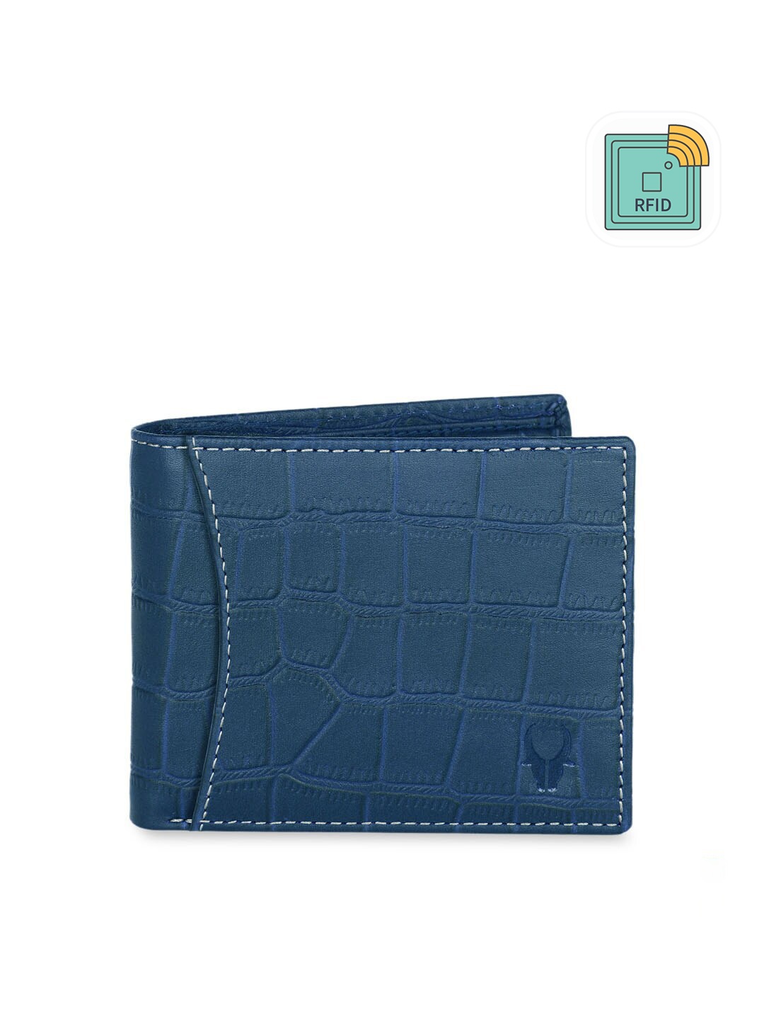 

WildHorn Men Blue Textured RFID Protected Genuine Leather Two Fold Wallet