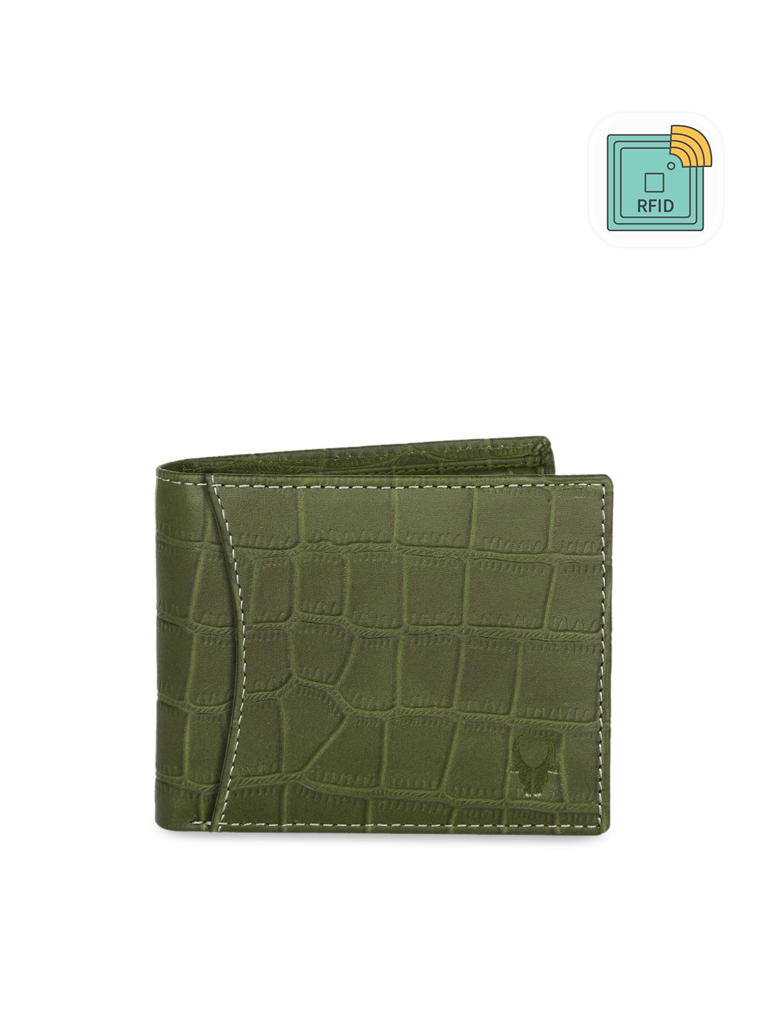 

WildHorn Men Green Textured RFID Protected Genuine Leather Two Fold Wallet