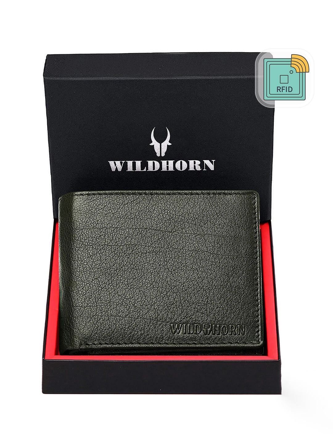 

WildHorn Men Green Solid RFID Protected Genuine Leather Two Fold Wallet