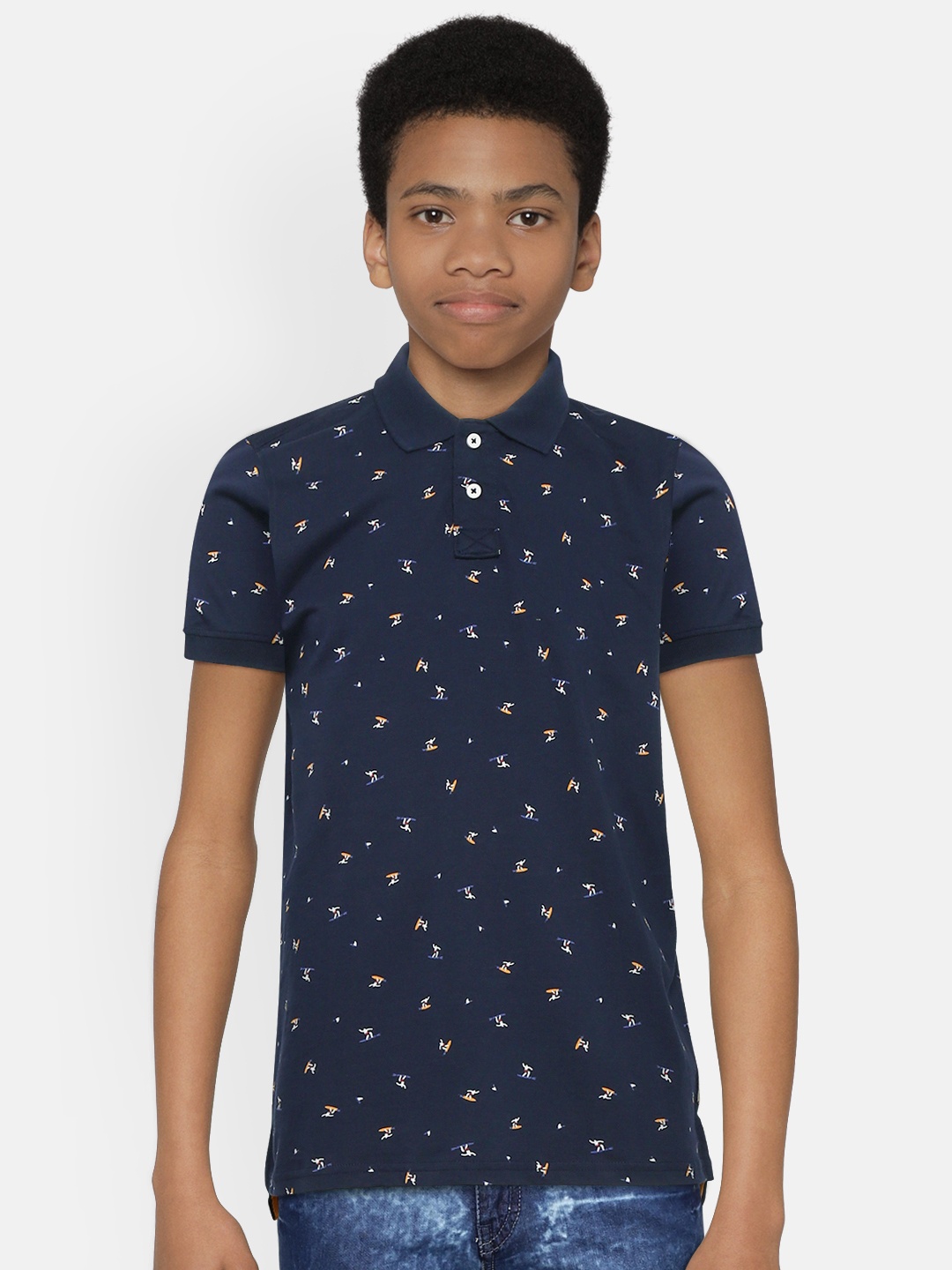 

Flying Machine Boys Navy Blue & White Printed Polo Collar T-shirt