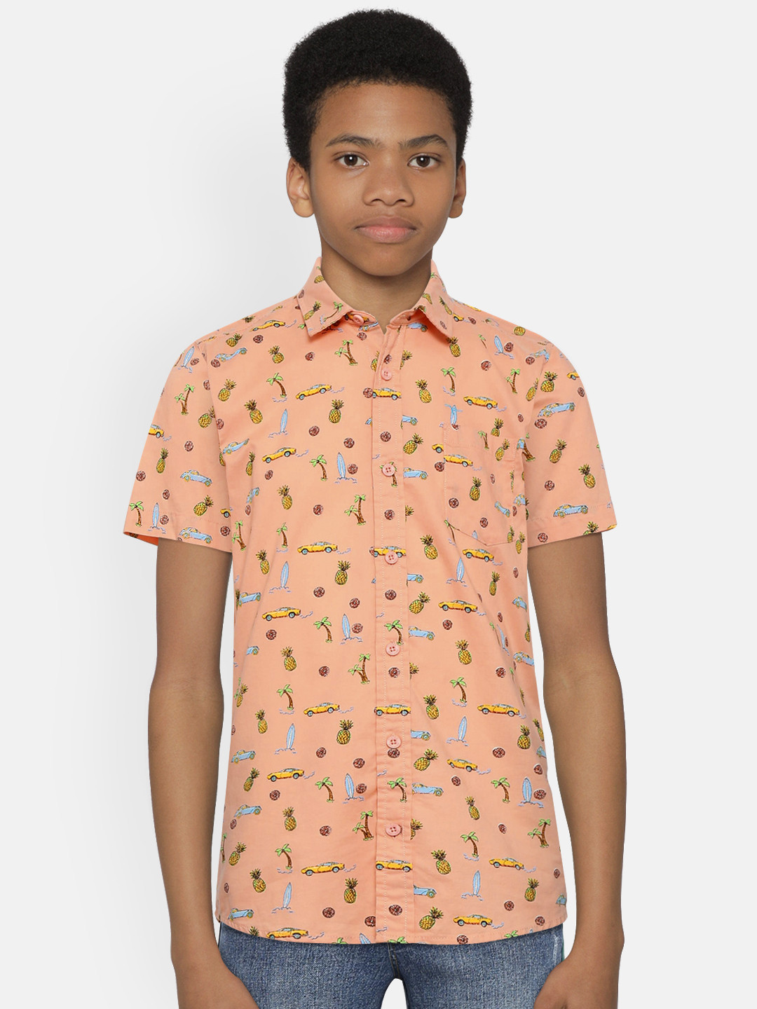 

Flying Machine Boys Peach-Coloured & Blue Regular Fit Printed Casual Shirt