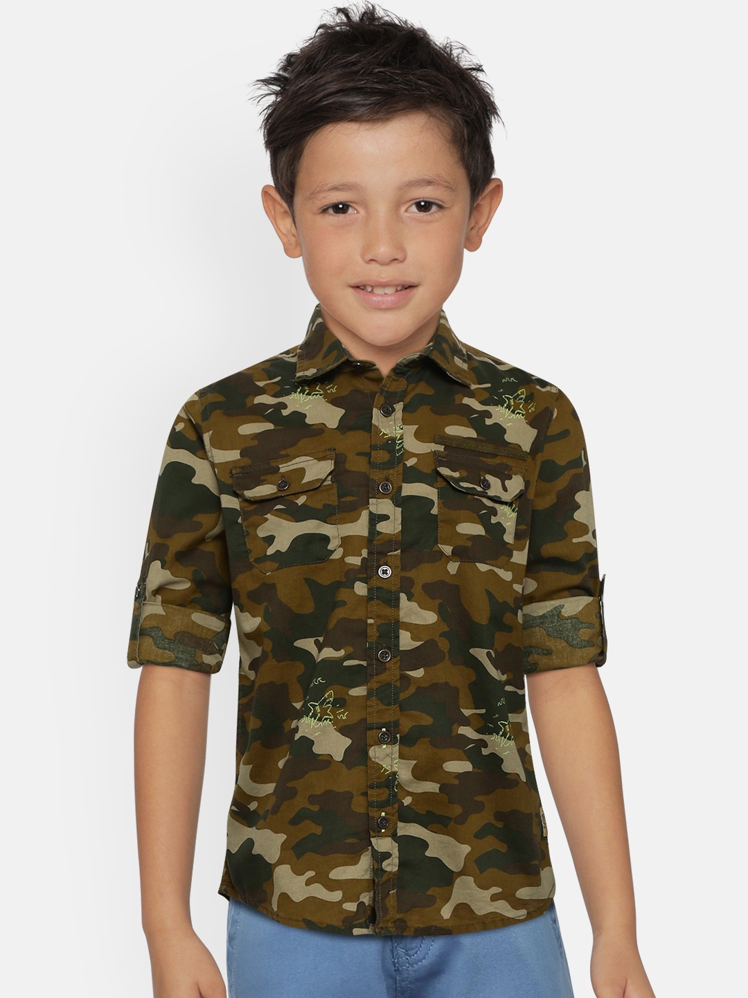 

Flying Machine Boys Olive Green & Khaki Camouflage Print Regular Fit Printed Casual Shirt