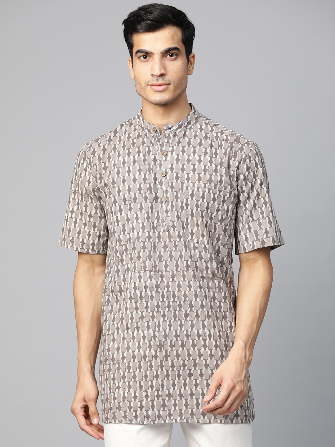 

Fabindia Men Grey & Off-White Printed Straight Kurta