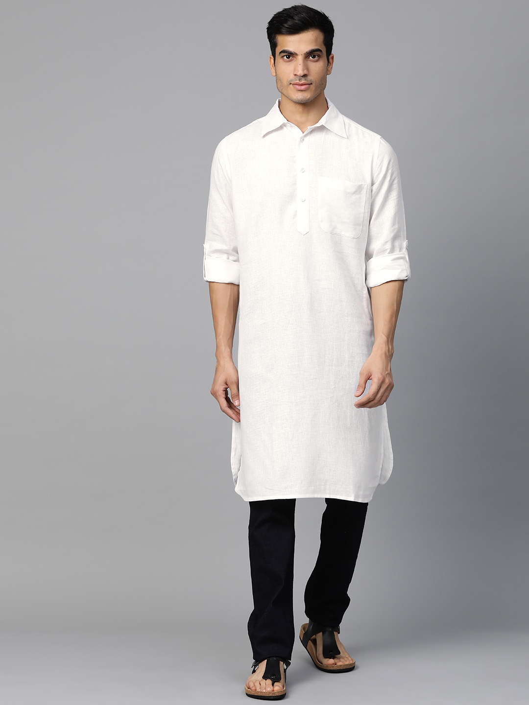 

Fabindia Men White Self-Checked Dobby Pathani Kurta