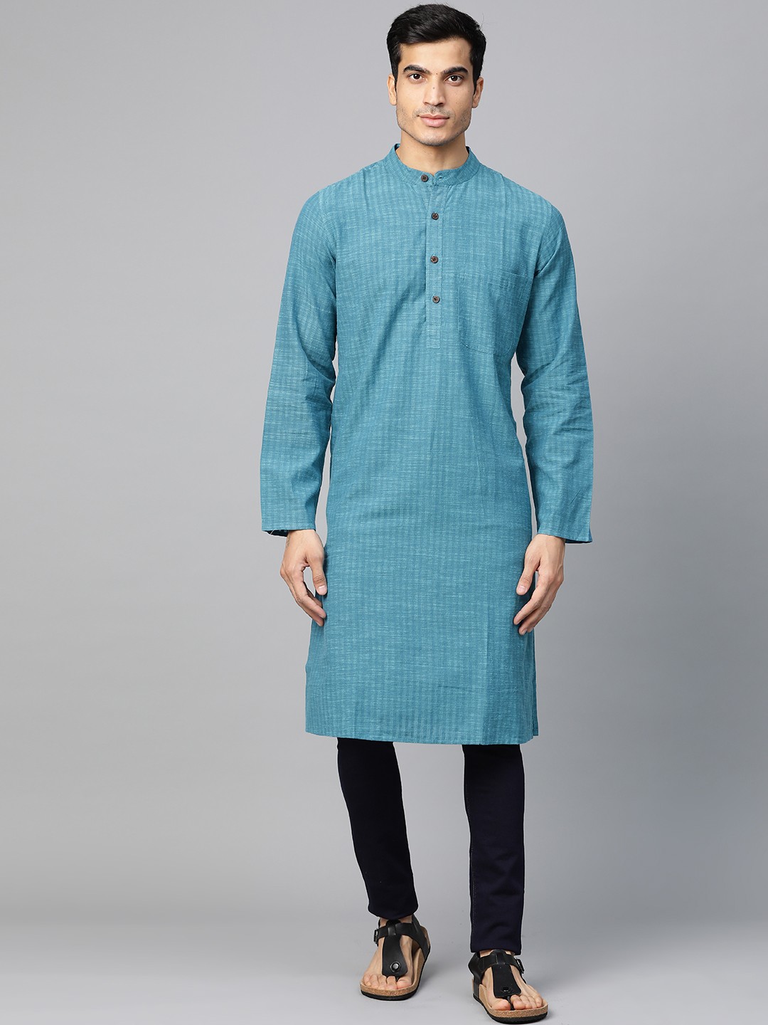 

Fabindia Men Blue Self Striped Knitted Slim Fit Straight Kurta