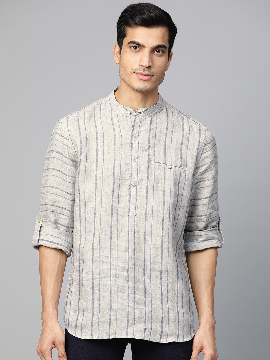 

Fabindia Men Grey Melange & Blue Linen Striped Slim Fit Straight Kurta