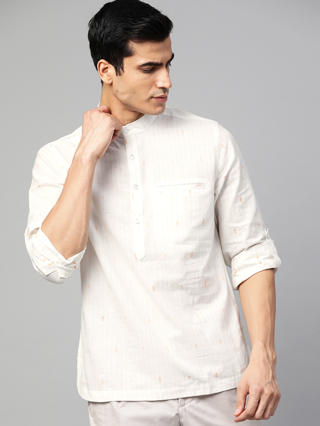 

Fabindia Men Off-White & Grey Striped Slim Fit Straight Kurta