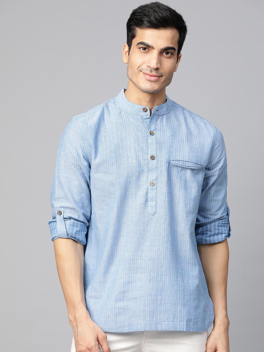 

Fabindia Men Blue & White Striped Straight Kurta