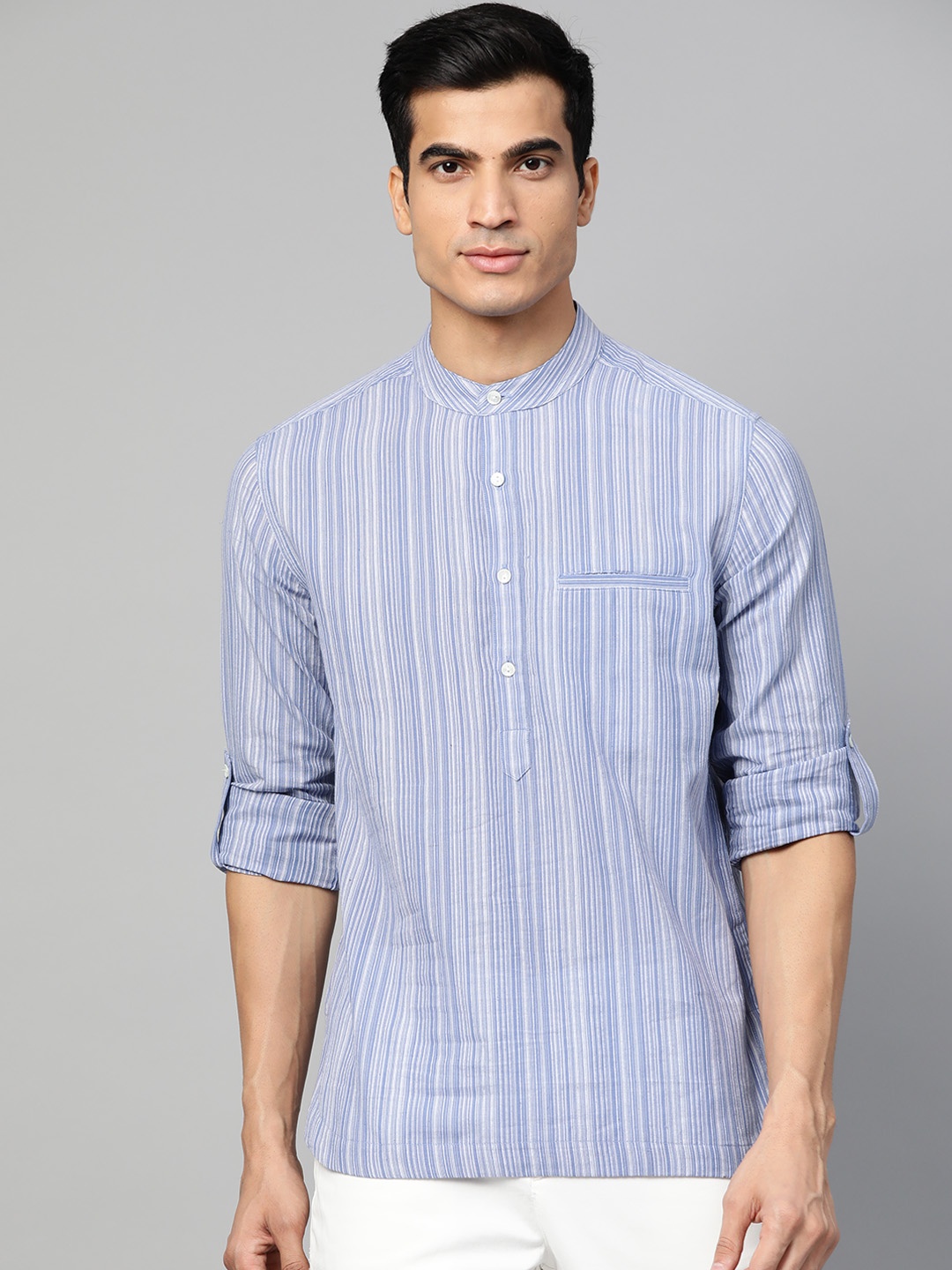 

Fabindia Men Blue & White Striped Straight Kurta