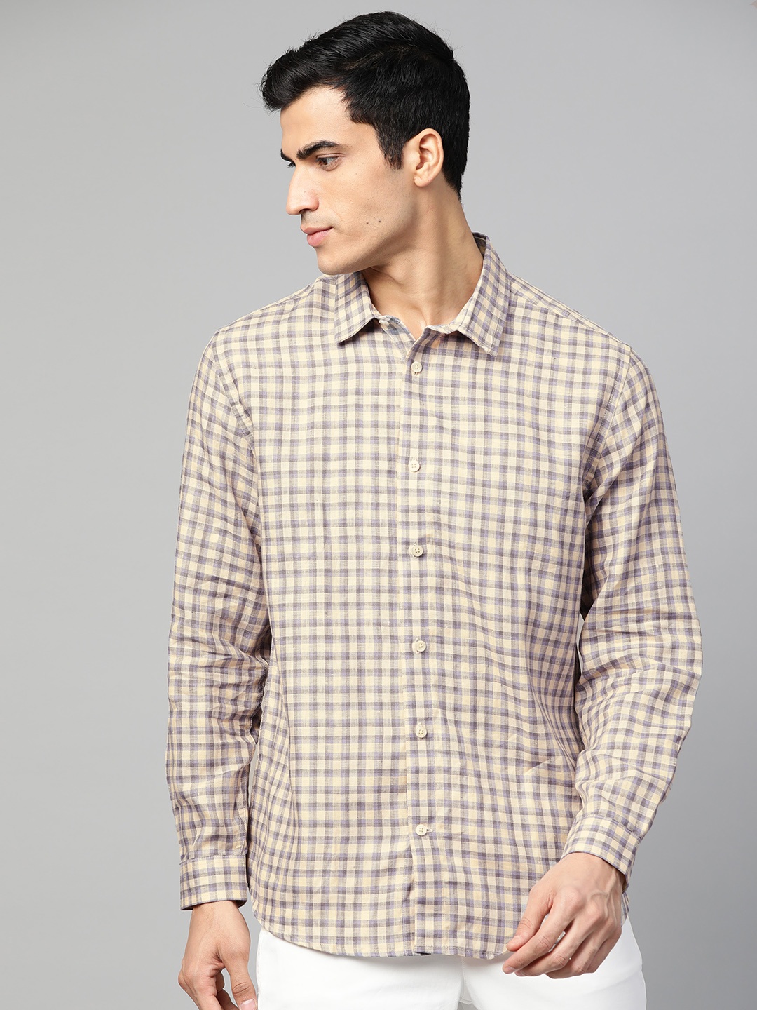 

Fabindia Men Blue & Cream-Coloured Slim Fit Linen Checked Casual Shirt