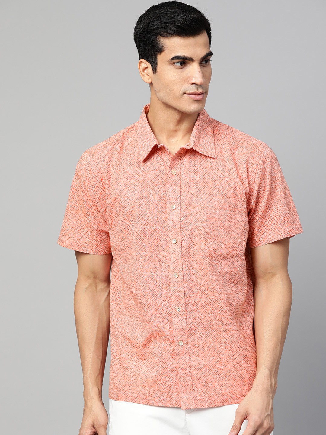 

Fabindia Men Peach-Coloured Regular Fit Printed Casual Bush Shirt