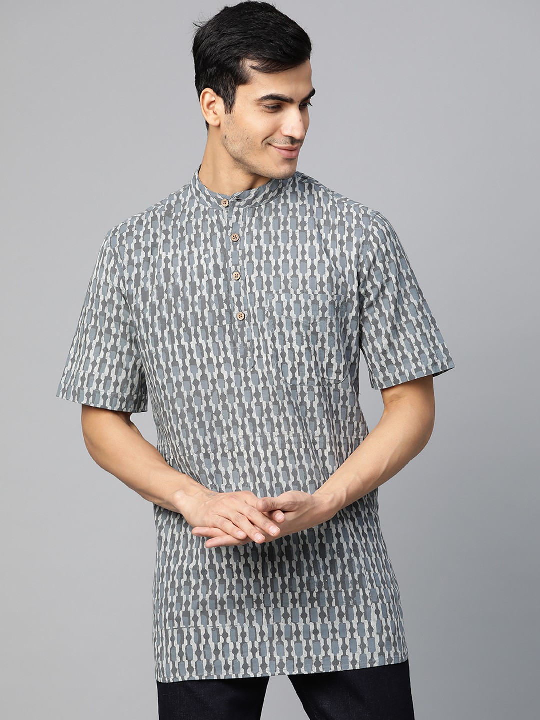 

Fabindia Men Grey & Blue Knitted Printed Straight Kurta