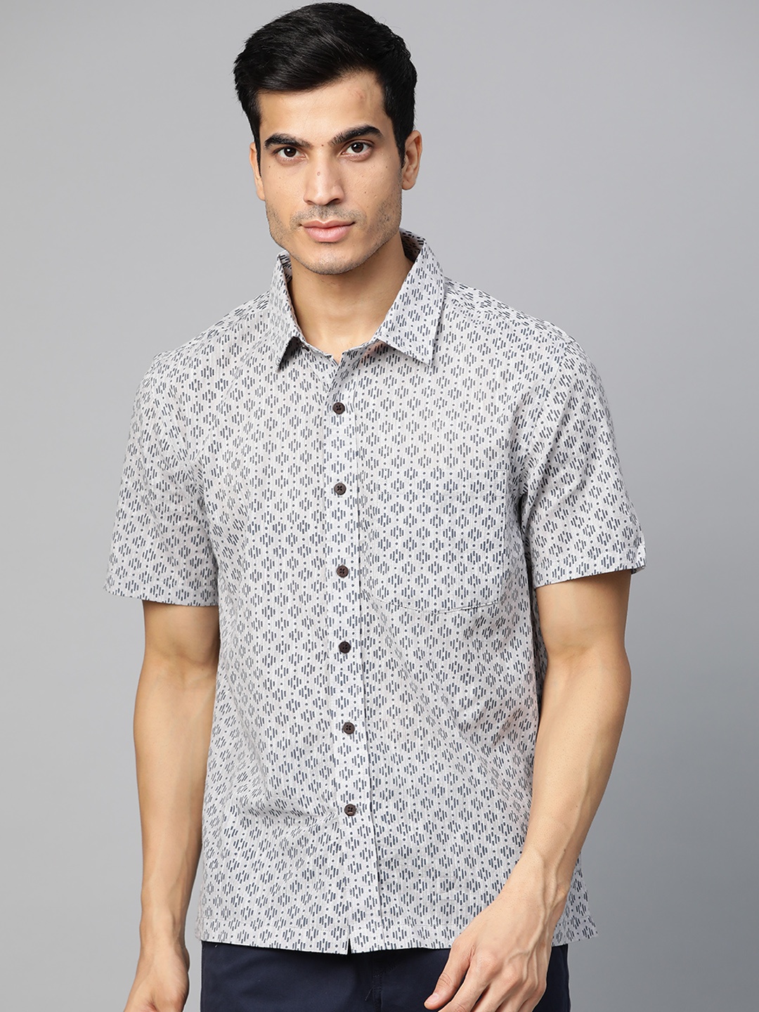 

Fabindia Men Grey & Teal Blue Regular Fit Printed Casual Bush Shirt