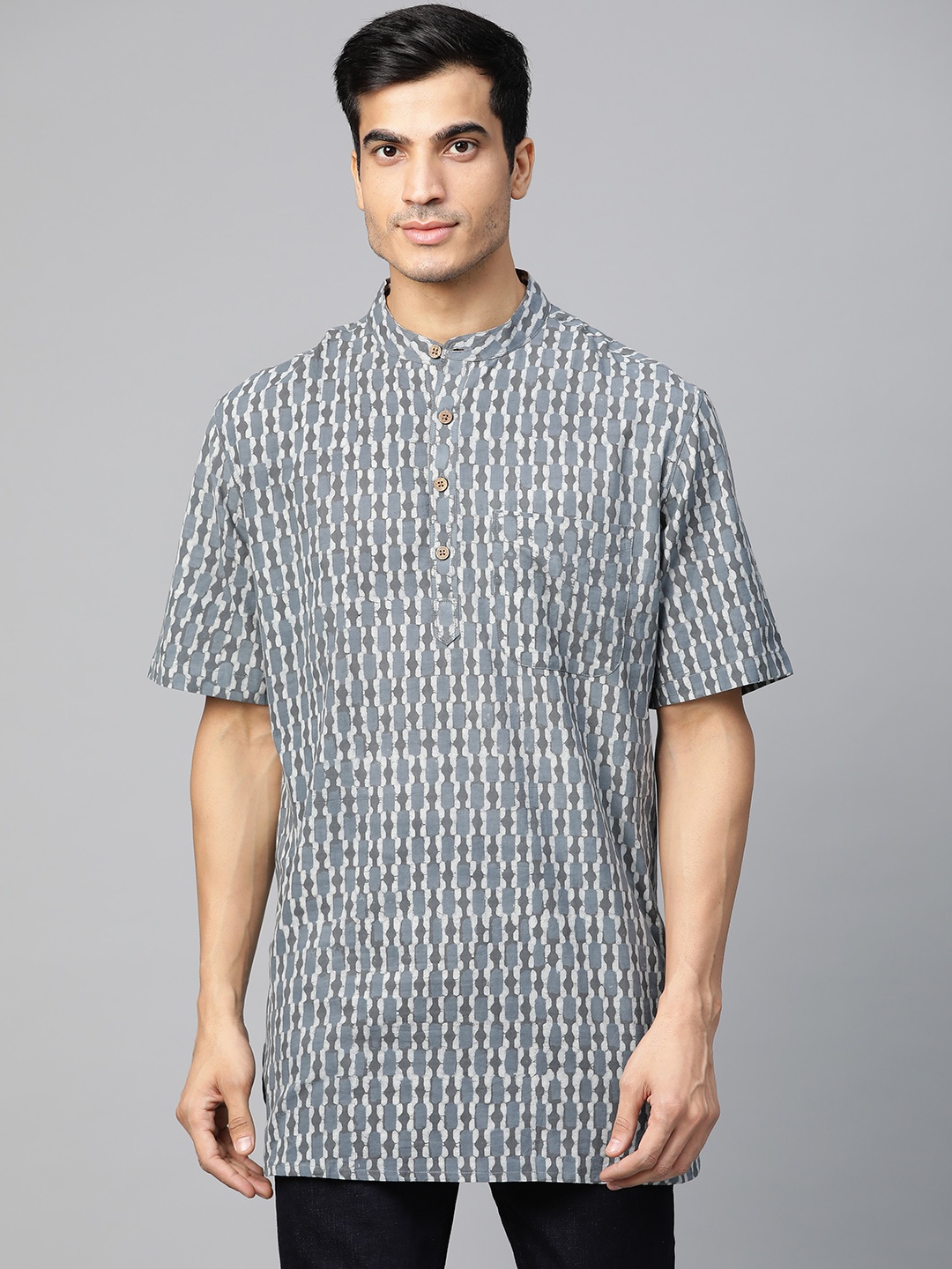 

Fabindia Men Blue & Grey Printed Straight Kurta