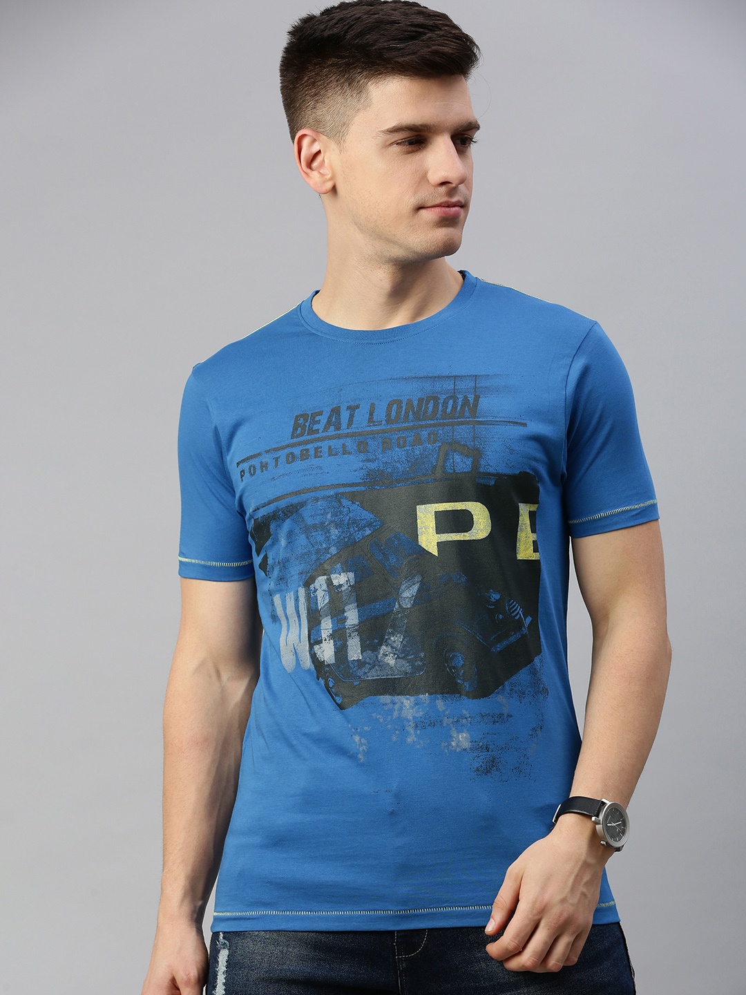 

BEAT LONDON by PEPE JEANS Men Blue Printed Round Neck Pure Cotton T-shirt