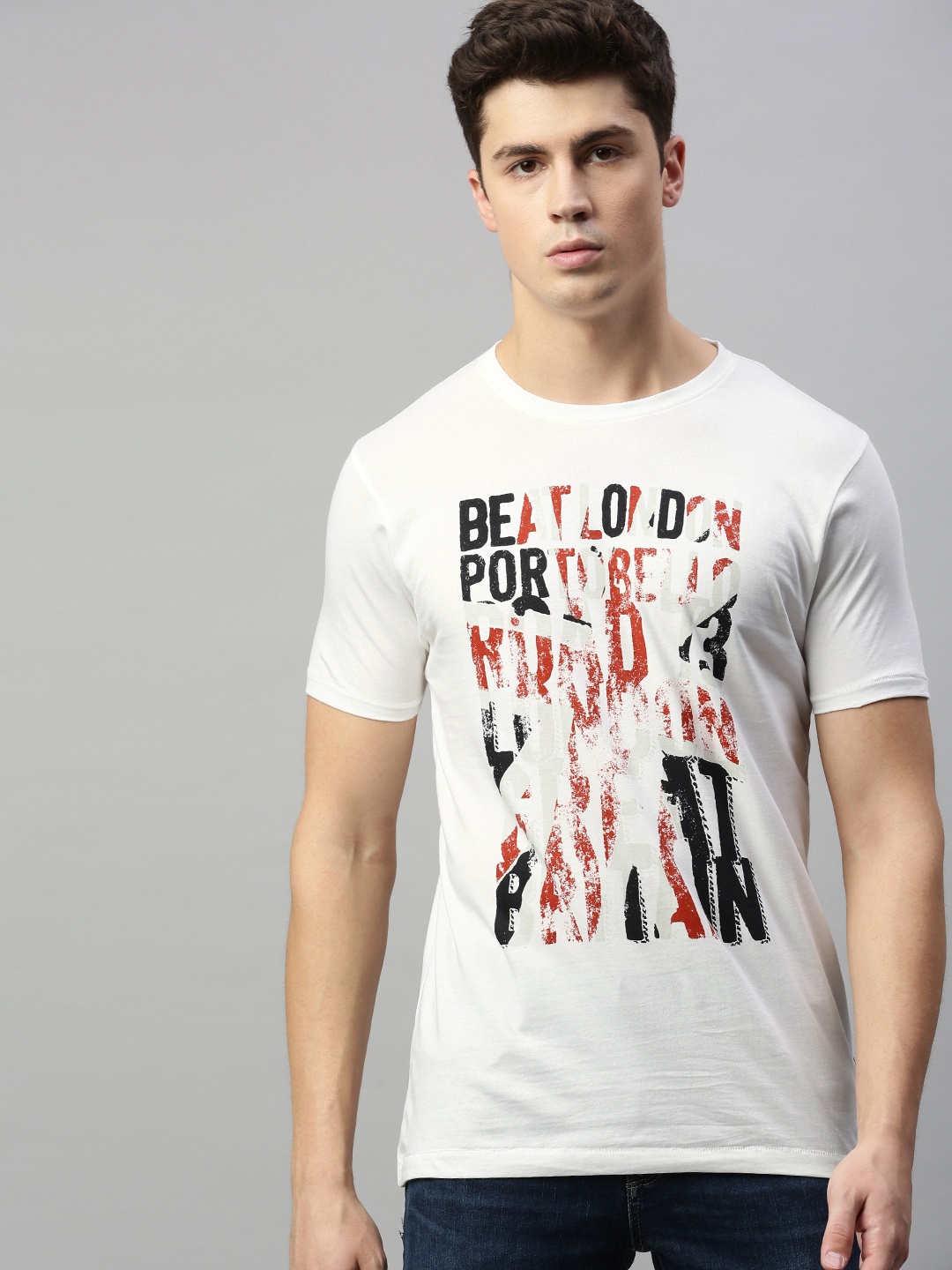 

BEAT LONDON by PEPE JEANS Men White Printed Slim Fit Round Neck Pure Cotton T-shirt