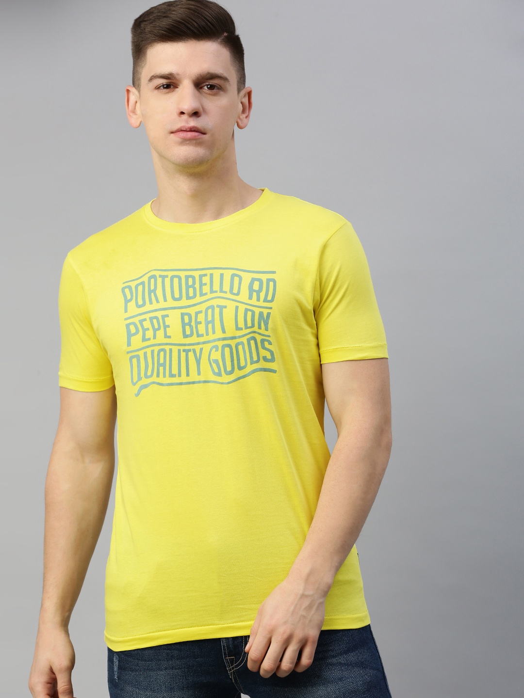 

BEAT LONDON by PEPE JEANS Men Yellow Printed Round Neck Pure Cotton T-shirt