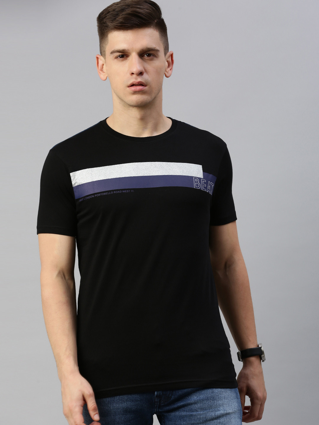 

BEAT LONDON by PEPE JEANS Men Black Striped Round Neck Pure Cotton T-shirt