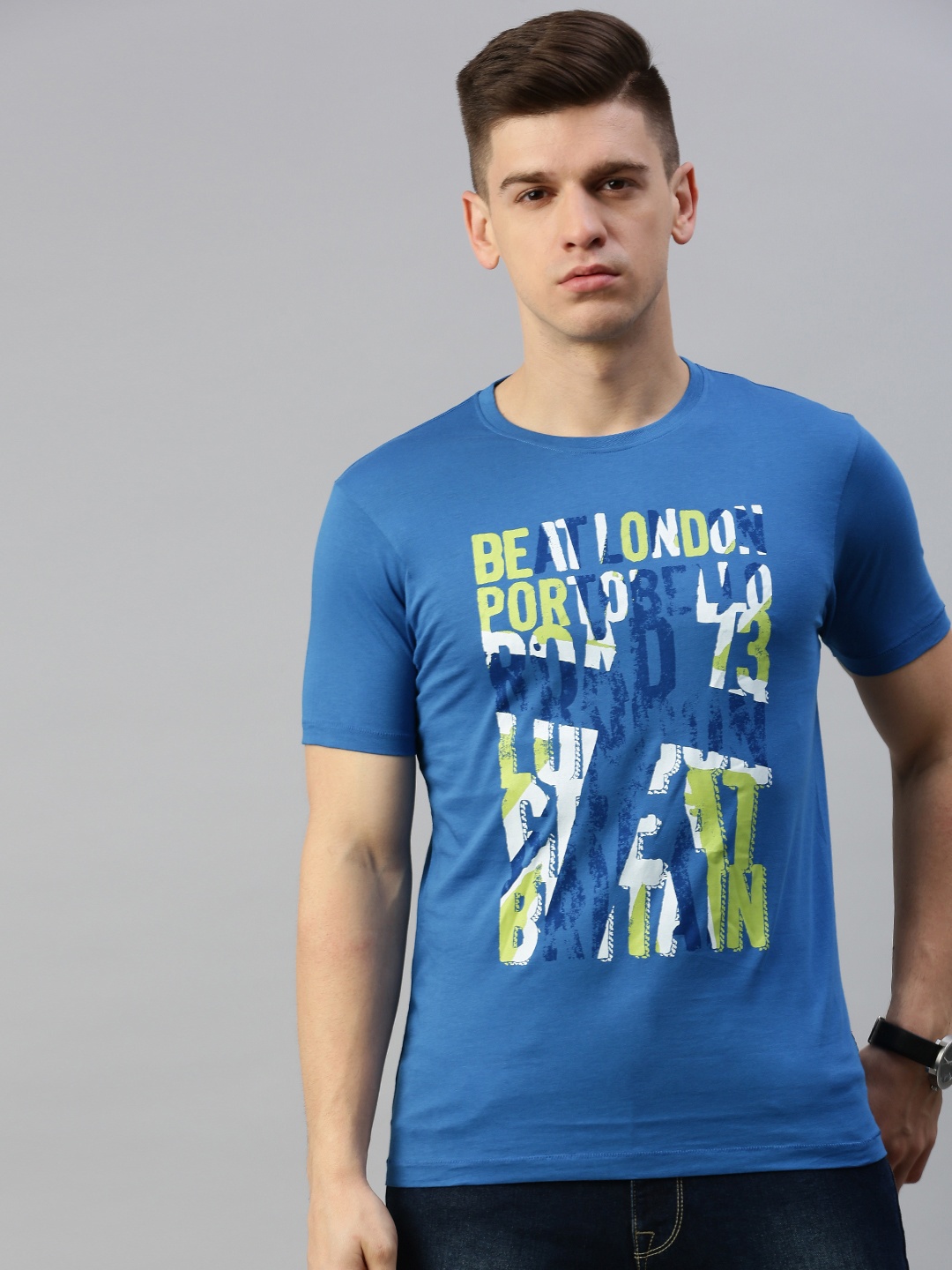 

BEAT LONDON by PEPE JEANS Men Blue Printed Round Neck Pure Cotton T-shirt