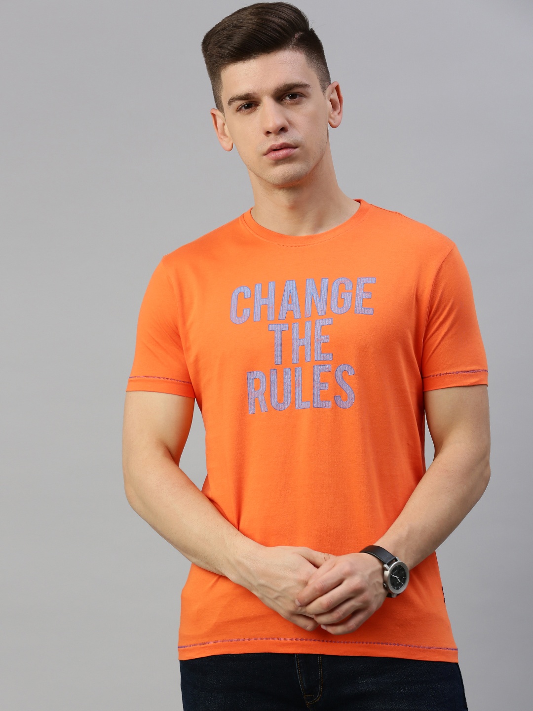 

BEAT LONDON by PEPE JEANS Men Rust Orange Printed Round Neck Pure Cotton T-shirt