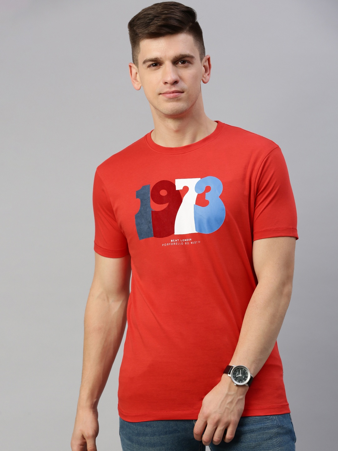 

BEAT LONDON by PEPE JEANS Men Red Printed Round Neck Pure Cotton T-shirt