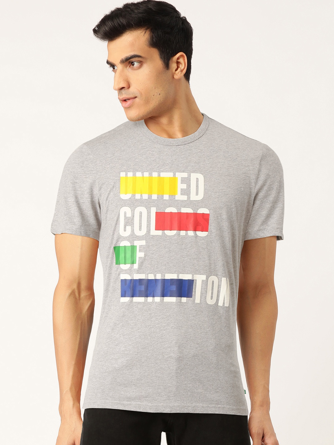 

United Colors of Benetton Men Grey Melange & White Printed Round Neck T-shirt