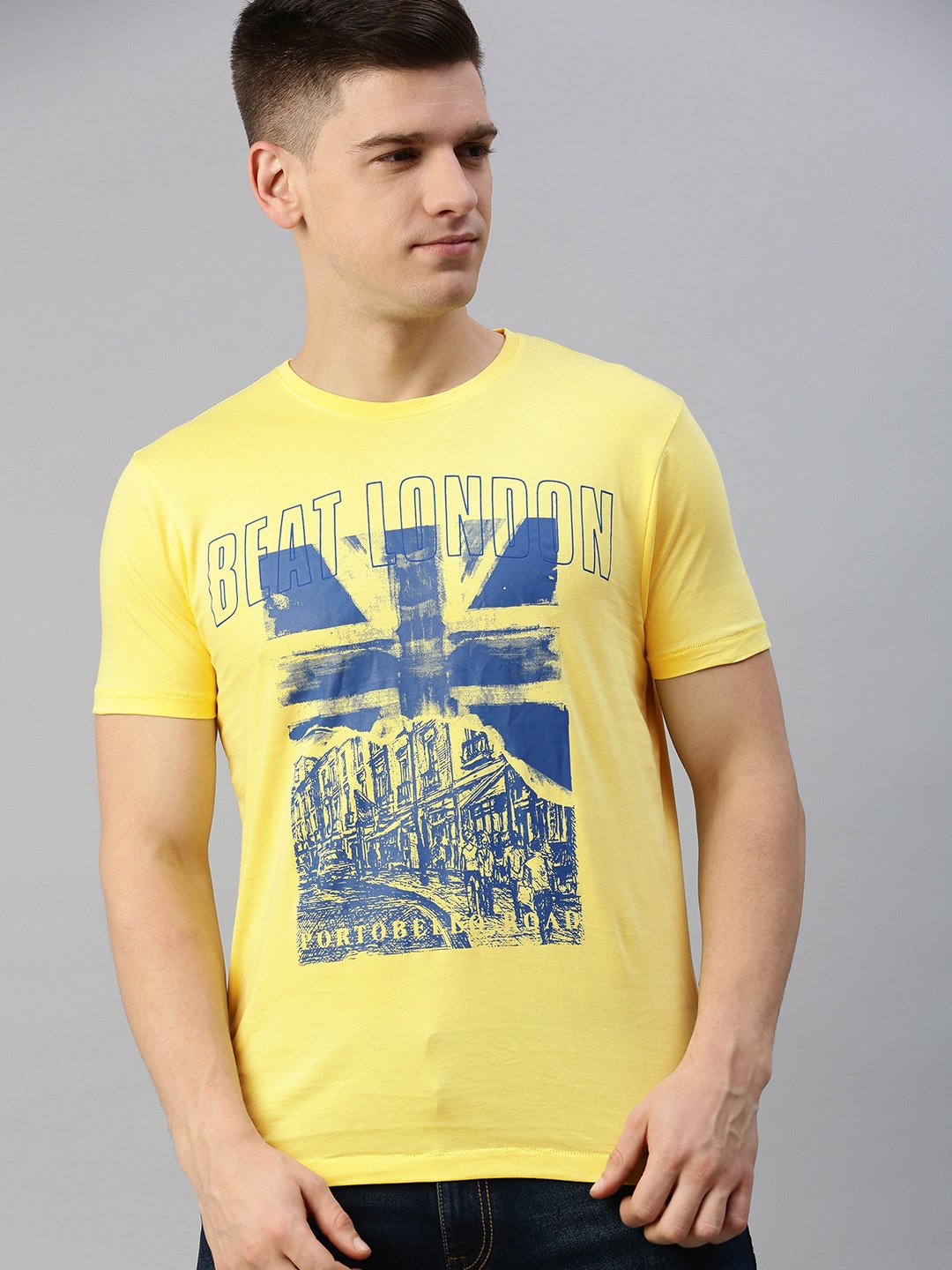 

BEAT LONDON by PEPE JEANS Men Yellow Printed Round Neck Pure Cotton T-shirt