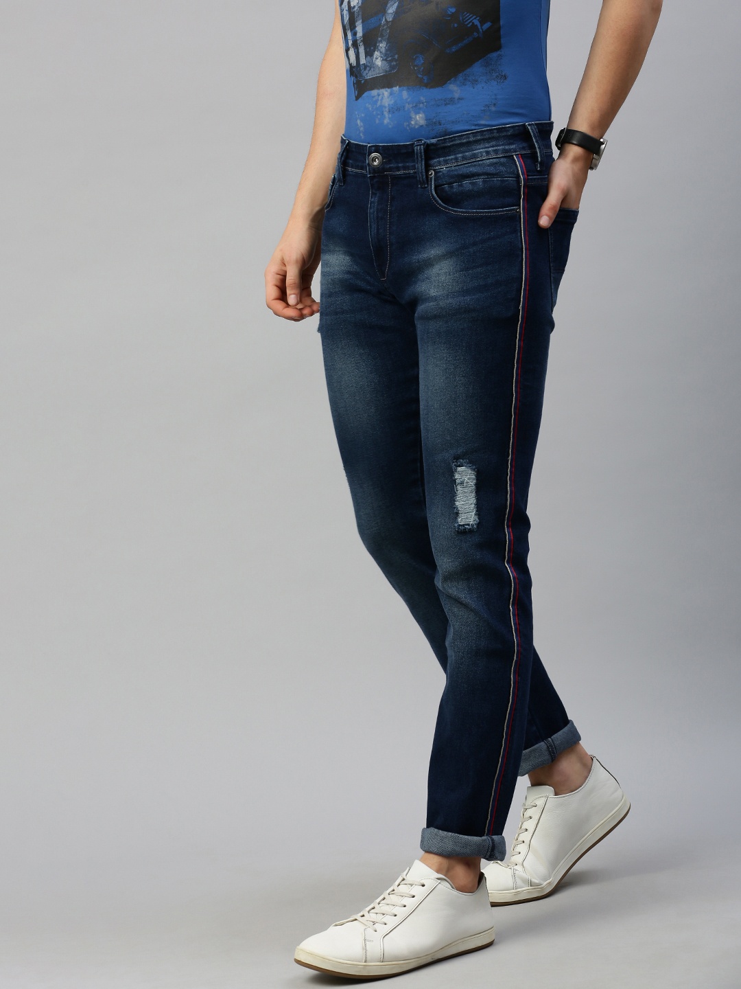 

BEAT LONDON by PEPE JEANS Men Blue Jaxon Soho Slim Fit Low-Rise Low Distress Jeans