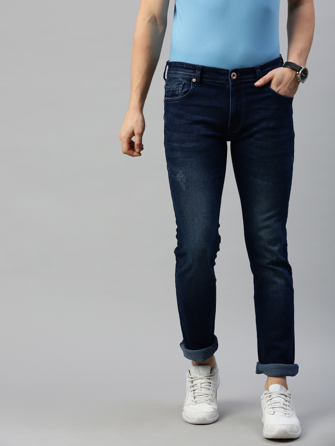 

BEAT LONDON by PEPE JEANS Men Blue Kaiden Vapour Slim Fit Low-Rise Low Distress Jeans