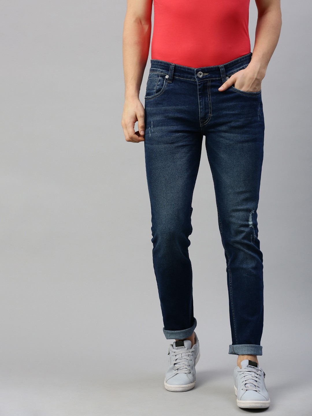 

BEAT LONDON by PEPE JEANS Men Navy Blue Vapour Slim Tapered Low Distress Stretchable Jeans