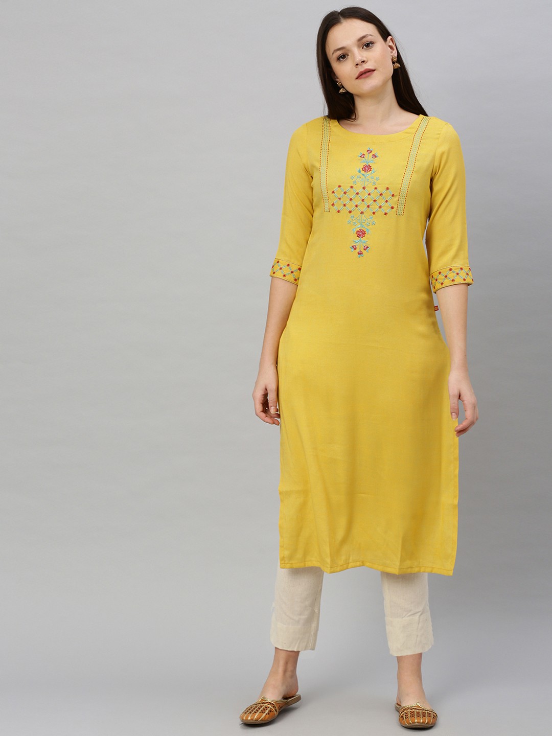 

Alena Women Yellow Embroidered Straight Kurta