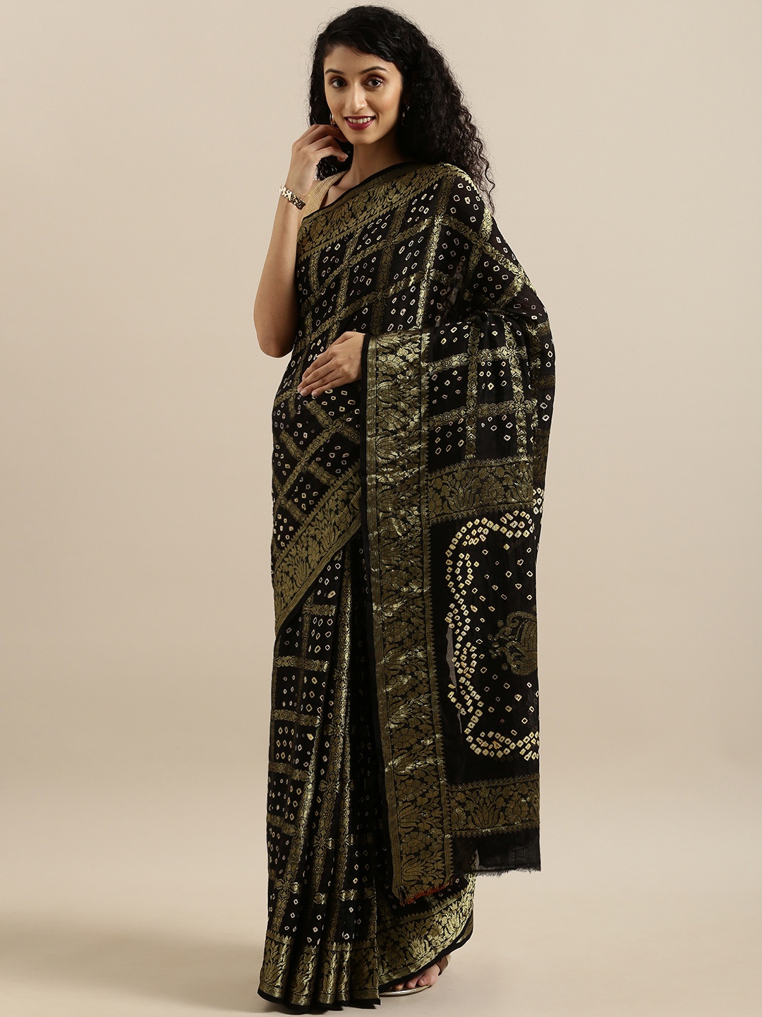 

Geroo Jaipur Hand Dyed Bandhani Silk Sustainable Saree, Black