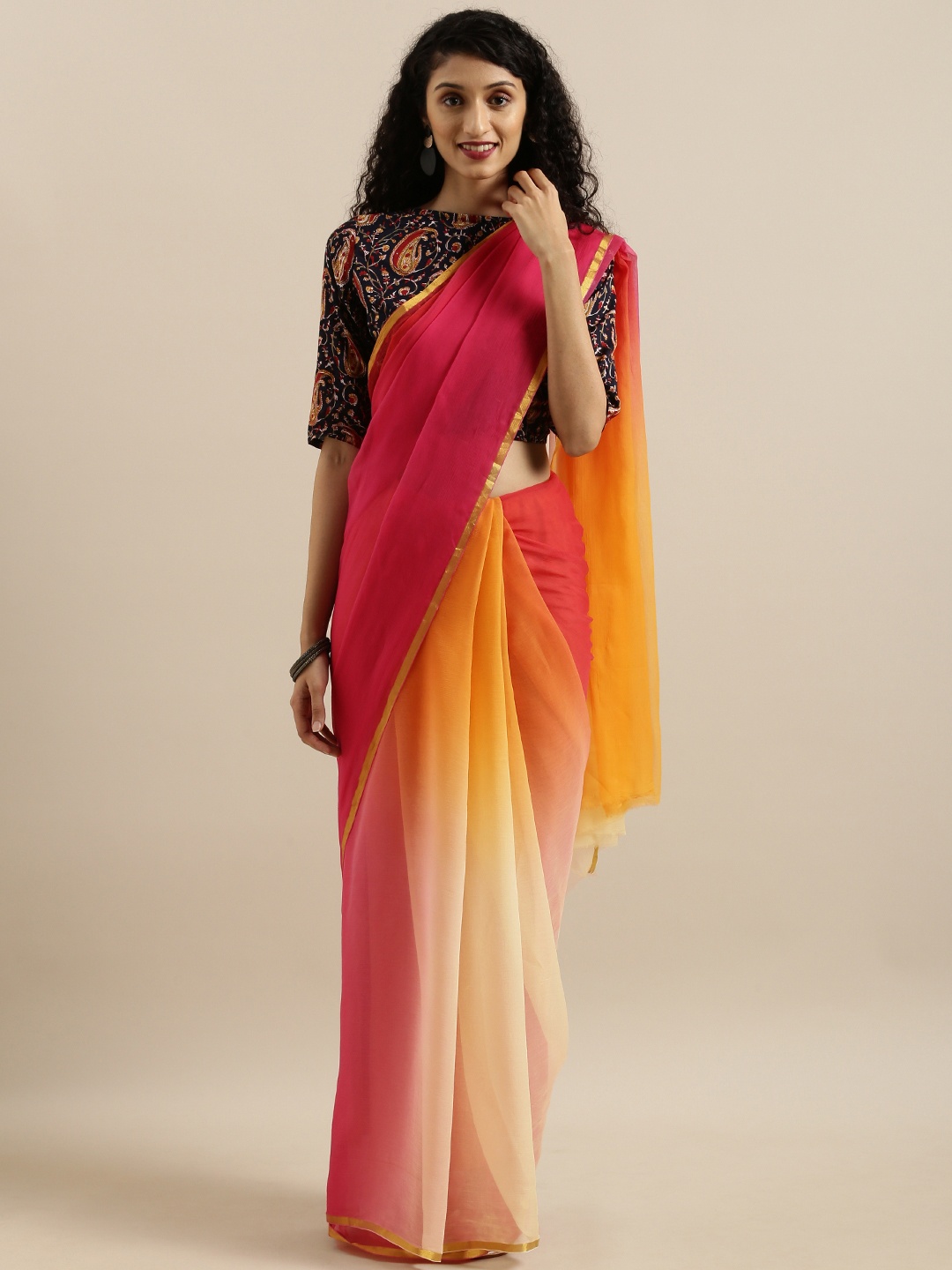 

Geroo Jaipur Hand Dyed Pink & Yellow Shaded Sustainable Saree With Hand Block Print Blouse, Orange