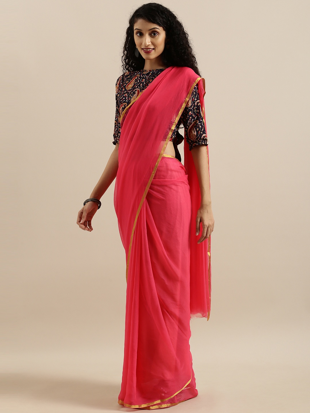 

Geroo Jaipur Hand Dyed Pink Solid Chiffon Sustainable Saree With Hand Block Print Blouse