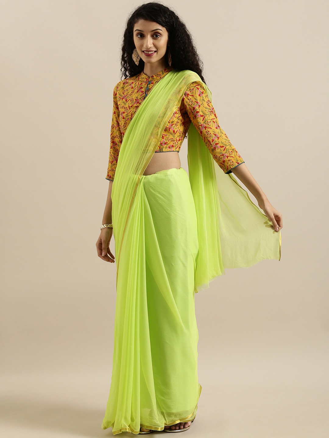 

Geroo Jaipur Hand Dyed Lime Green Solid Chiffon Sustainable Saree With Hand Block Print Blouse