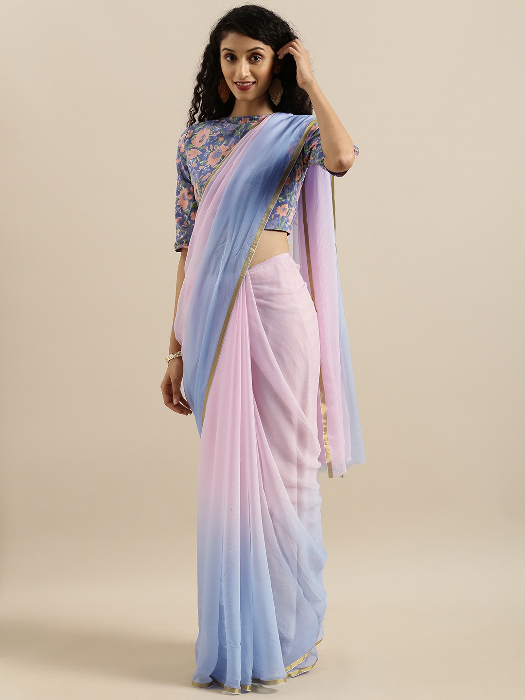 

Geroo Jaipur Hand Dyed Pink & Blue Shaded Sustainable Saree With Hand Block Print Blouse