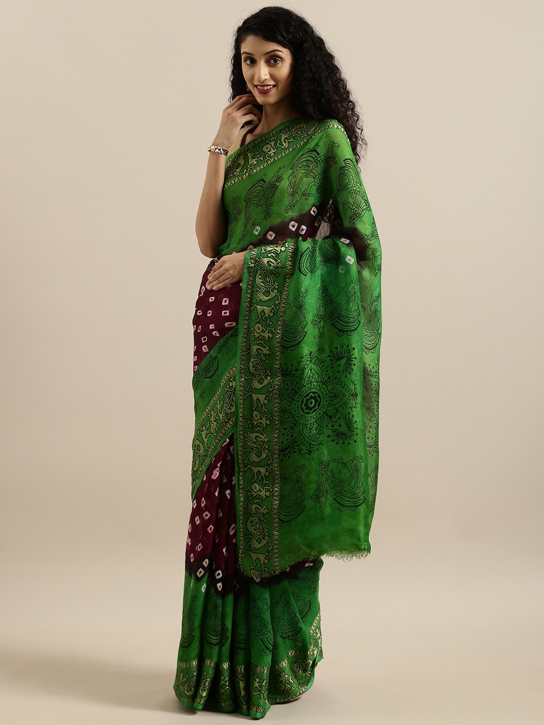

Geroo Jaipur Hand Dyed Burgundy & GreenBandhani Silk Sustainable Saree