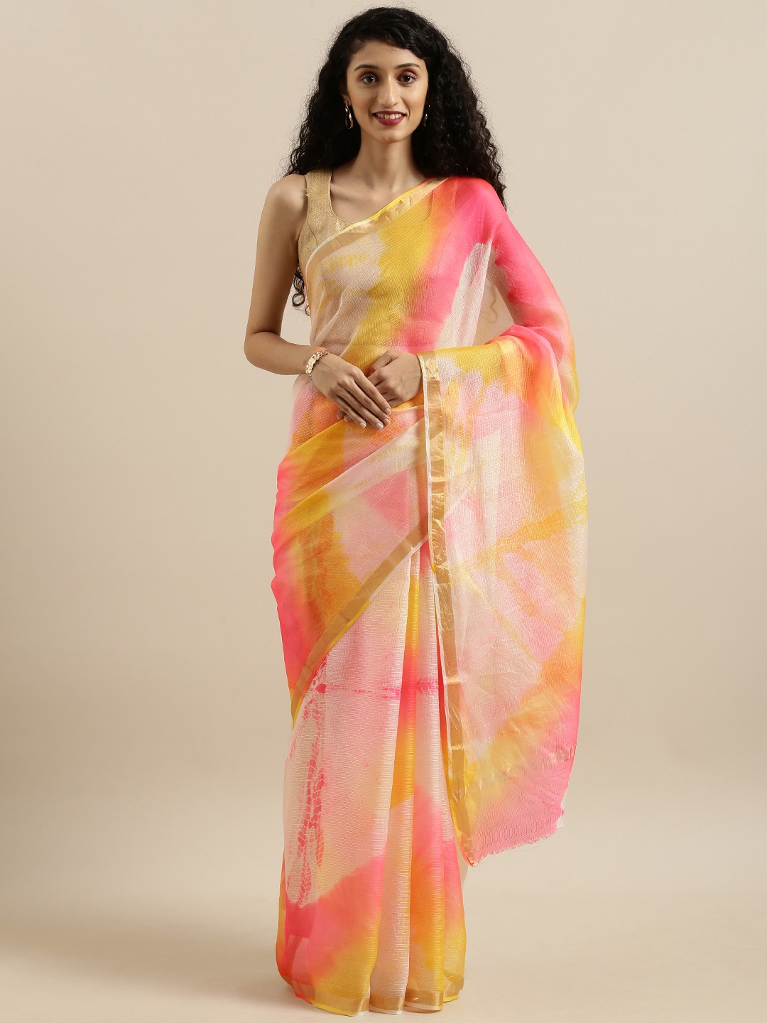 

Geroo Jaipur Hand Dyed Multicolor Kota Silk Saree, Pink