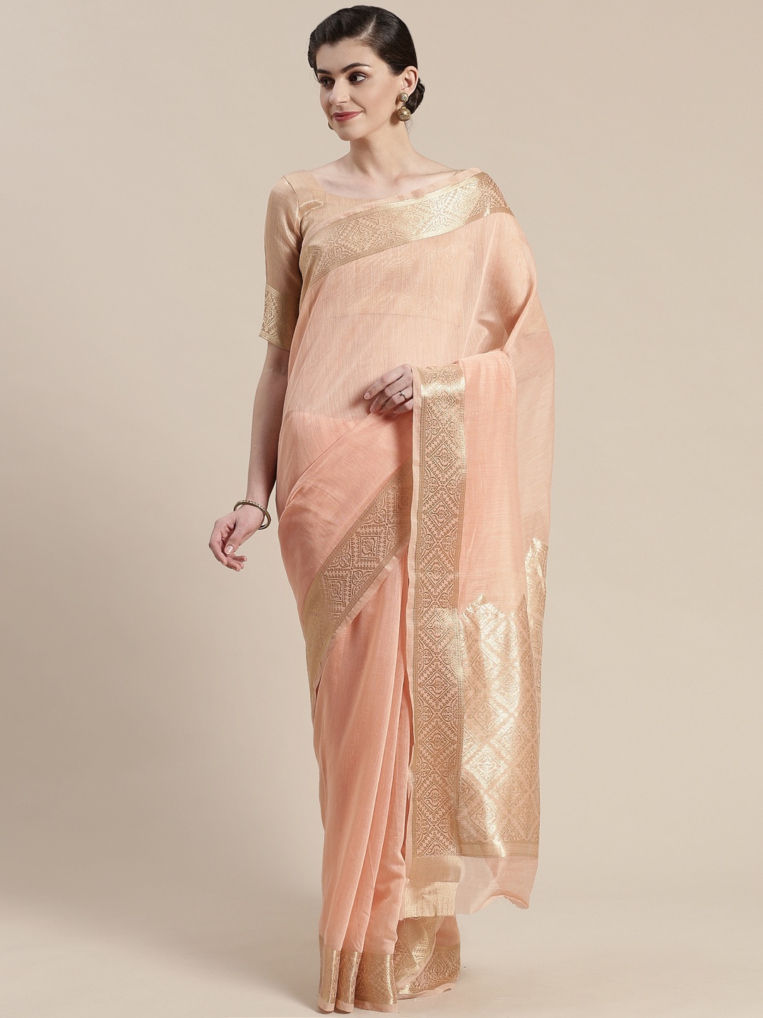 

Saree mall Peach-Coloured & Golden Solid Maheshwari Saree
