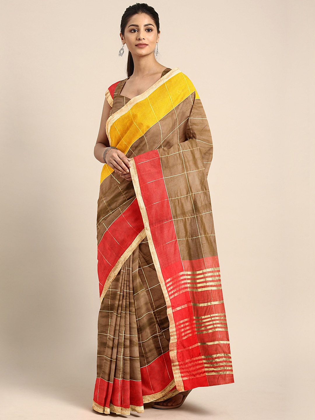 

KALINI Brown & Yellow Woven Design Kota Saree