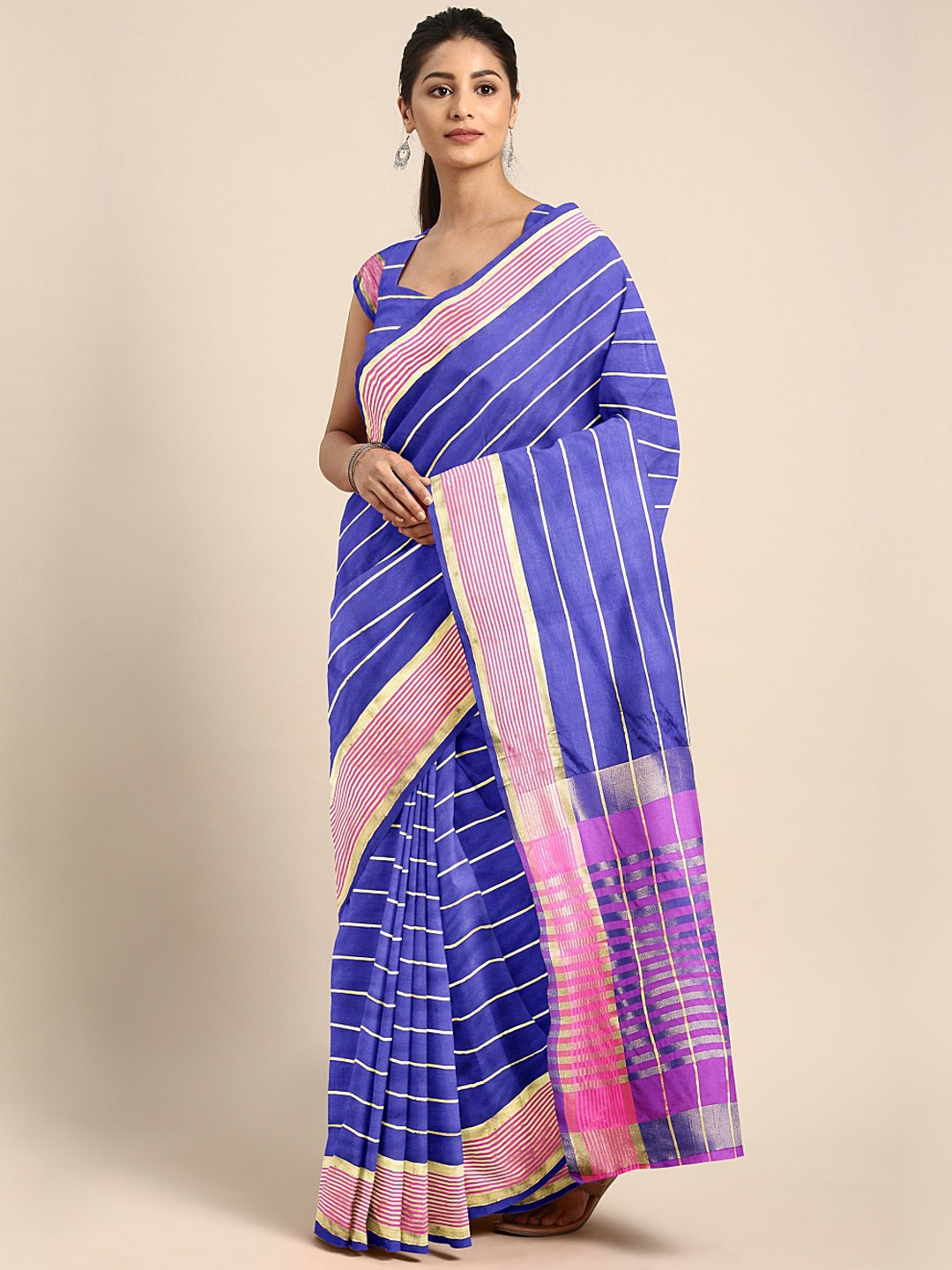 

KALINI Blue & Gold-Toned Cotton Blend Woven Design Chanderi Saree