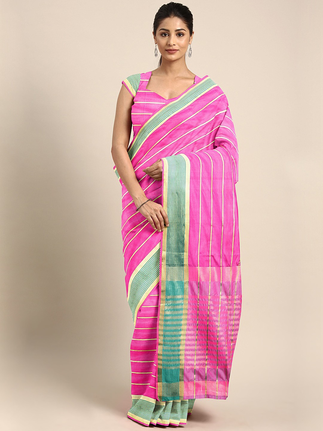

KALINI Pink & Yellow Cotton Blend Striped Khadi Saree