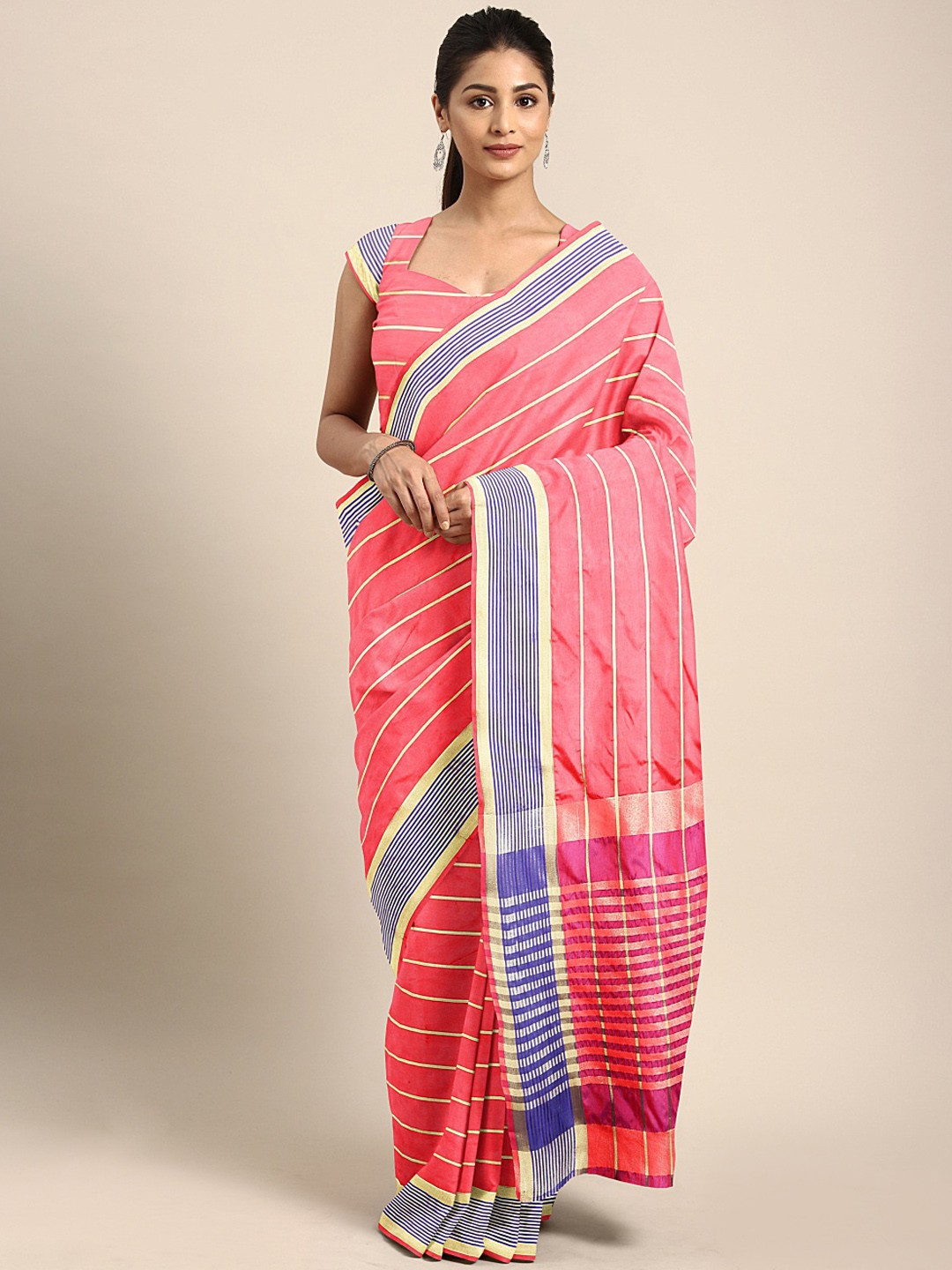 

KALINI Pink & Golden Striped Chanderi Saree